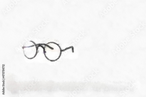 black round glasses on a white background watercolor style illustration impressionist painting.