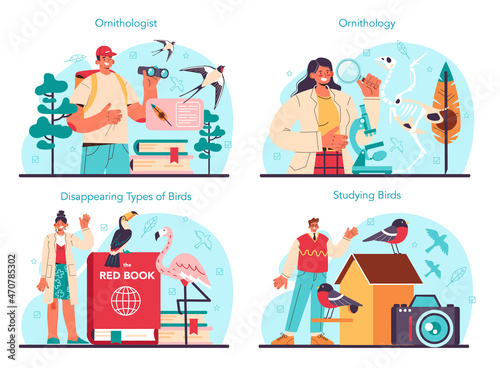 Ornithologist concept set. Professional scientist studying birds species,
