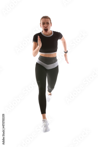Sporty running woman on whi...