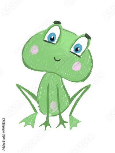 cute green frog in cartoon style, hand-drawn illustration, isolated on a white background