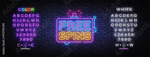 Free spins neon design on black background. Neon Retro template with black free spins on light background for game design. Vector illustration background. Editing text neon sign