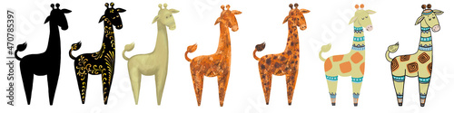 a set of giraffe figurines made of different materials, hand-drawn illustrations isolated on a white background