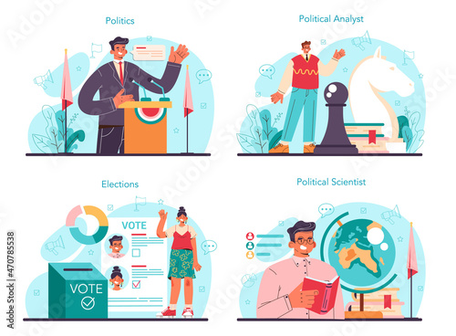 Political scientist concept set. Studying of political ideas, institutions
