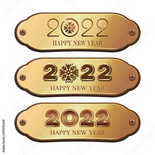 Set of gold plaques with the inscription - Happy New Year 2022. Vector illustration