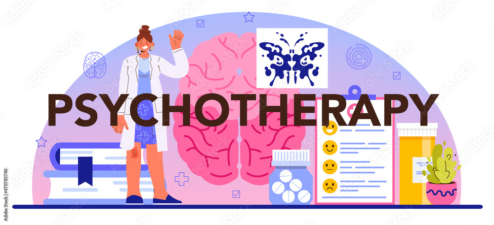 Psychotherapy typographic header. Mental disease diagnostic and treatment.