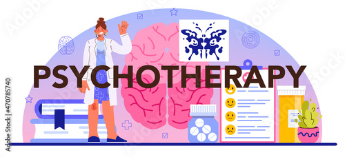Psychotherapy typographic header. Mental disease diagnostic and treatment.