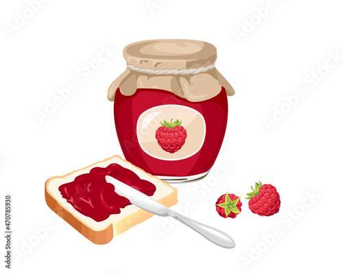 Raspberry jam set. Spread on piece of toast bread, knife, glass jar with jelly and fresh red berries isolated on white background. Vector sweet food illustration in cartoon flat style. photo