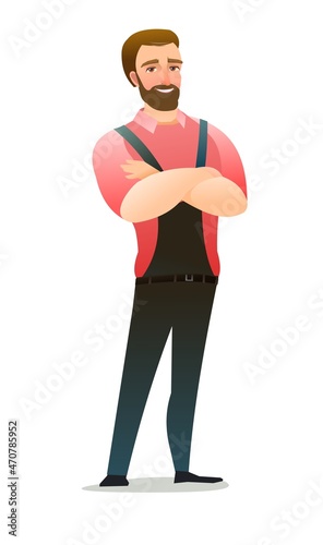 Man in overalls. Service guy. Handyman, locksmith or repairman. Cheerful person. Standing pose. Cartoon comic style flat design. Single character. Illustration isolated on white background. Vector