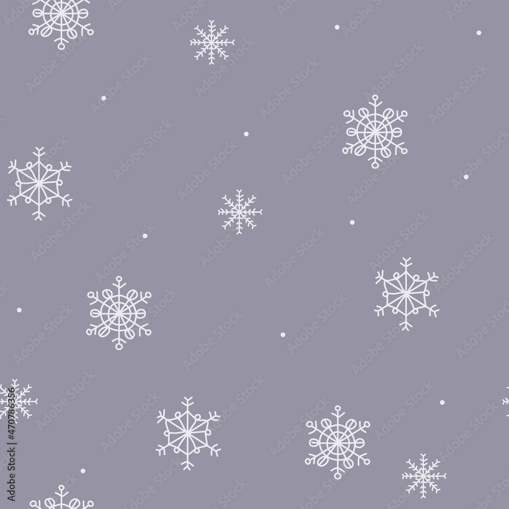 Violet pattern with lines doodle white snowflakes. Winter texture, textiles, wallpaper, background.