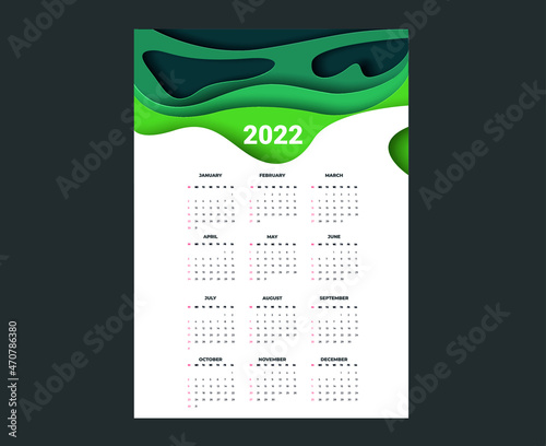 2022 Calendar - illustration. Template. Mock up Week starts Sunday