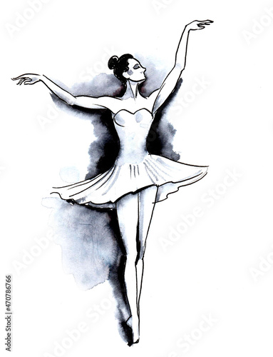 Ink black and white drawing of a dancing ballerina