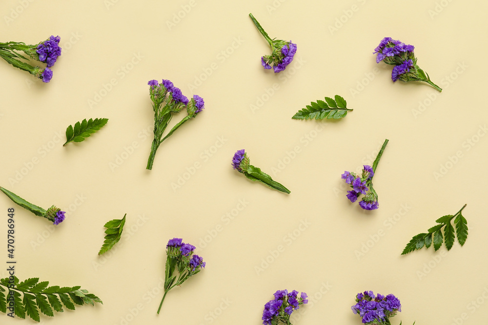 Beautiful flowers and leaves on color background, closeup - obrazy, fototapety, plakaty 
