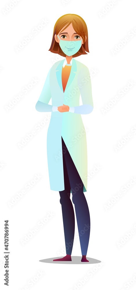 Optimistic woman doctor in dressing gown and humor mask. Cheerful persons in standing pose. Cartoon comic style flat design. Separate girl character. Illustration isolated white background. Vector Optimistic woman doctor in dressing gown and humor mask. Cheerful persons in standing pose. Cartoon comic style flat design. Separate girl character. Illustration isolated white background. Vector