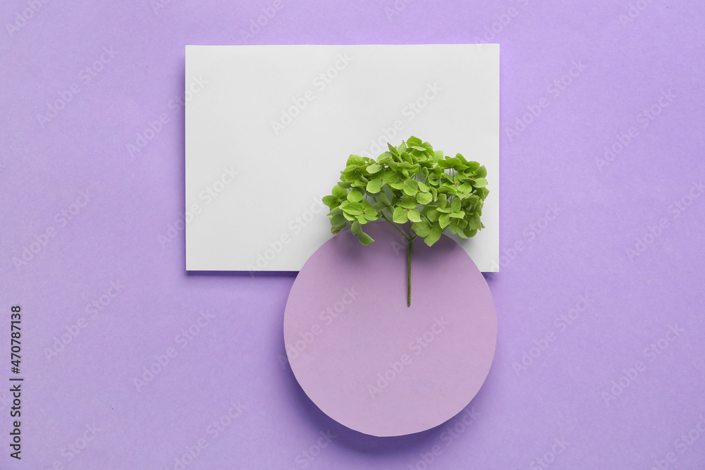 Composition with hydrangea flowers, blank card and sheet of paper on color background - obrazy, fototapety, plakaty 