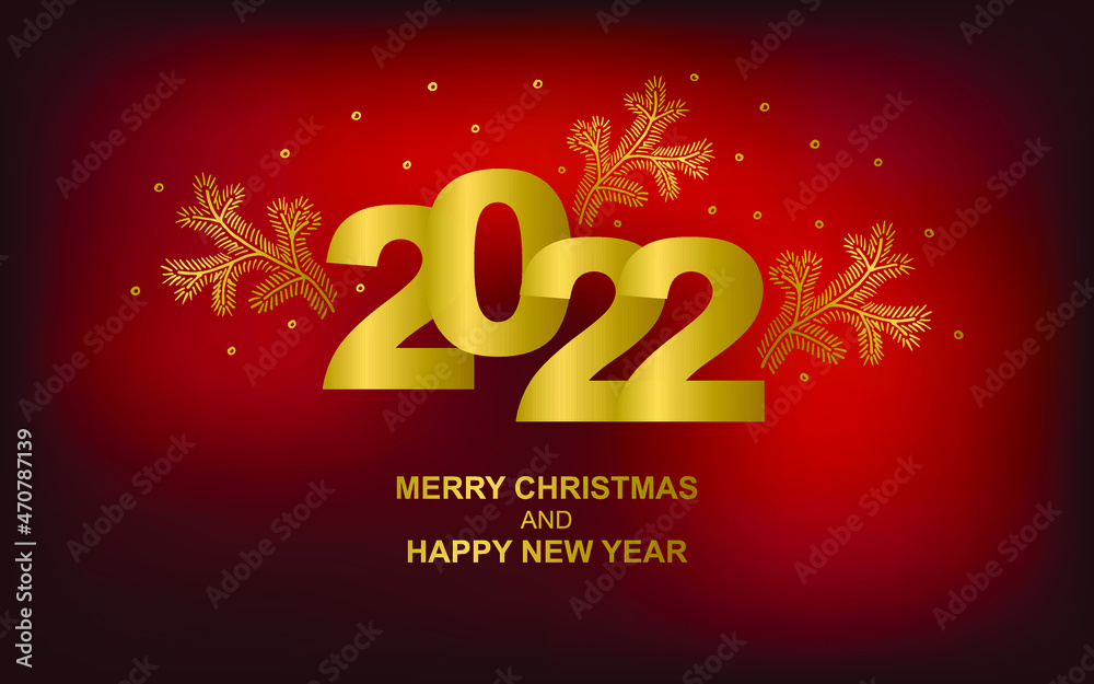 2022 Red Christmas card with Golden  Christmas tree. Merry Christmas and Happy New Year text with Snowflakes, lettering for greeting cards, banners, posters, isolated vector illustration