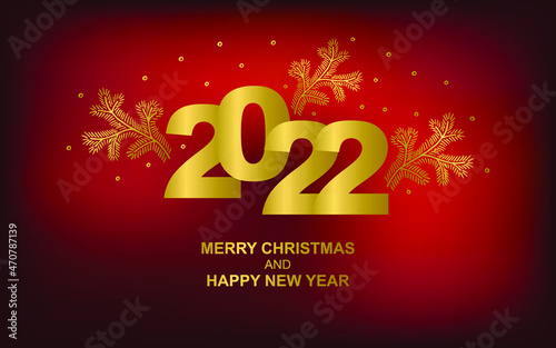 2022 Red Christmas card with Golden Christmas tree. Merry Christmas and Happy New Year text with Snowflakes, lettering for greeting cards, banners, posters, isolated vector illustration