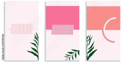 Social media covers with simple design elements . Boho style . Leaves . Post frame stories templates.  Layout for promotion .Media banner .Vector