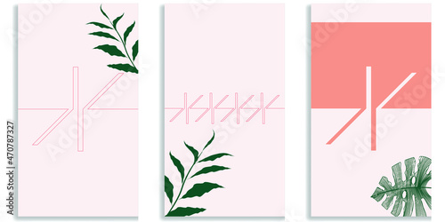 Social media covers with simple design elements . Boho style . Leaves . Post frame stories templates.  Layout for promotion .Media banner .Vector
