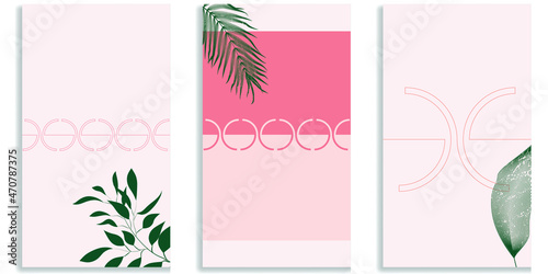Social media covers with simple design elements . Boho style . Leaves . Post frame stories templates.  Layout for promotion .Media banner .Vector