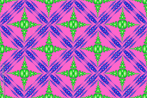 floral pattern, ethnic geometry blue green floral seamless pattern, seamless pattern for curtain design, carpet, wallpaper, clothing, wrap, batik, bright pink background fabric pattern
