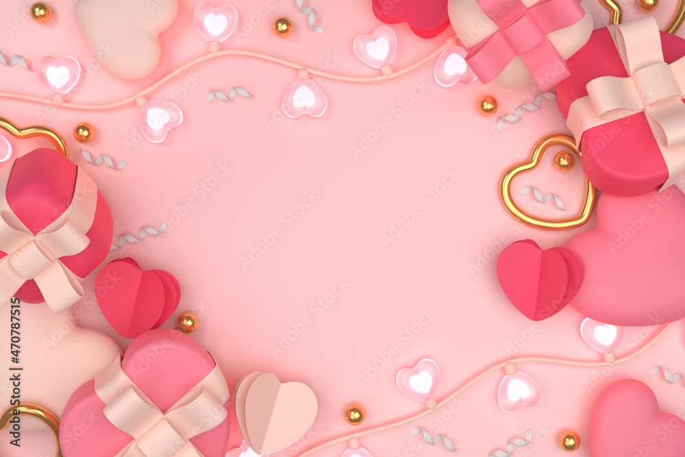 Valentine's day background. 3D valentine illustration with love shape, gift and love shaped lamp . 3D rendering