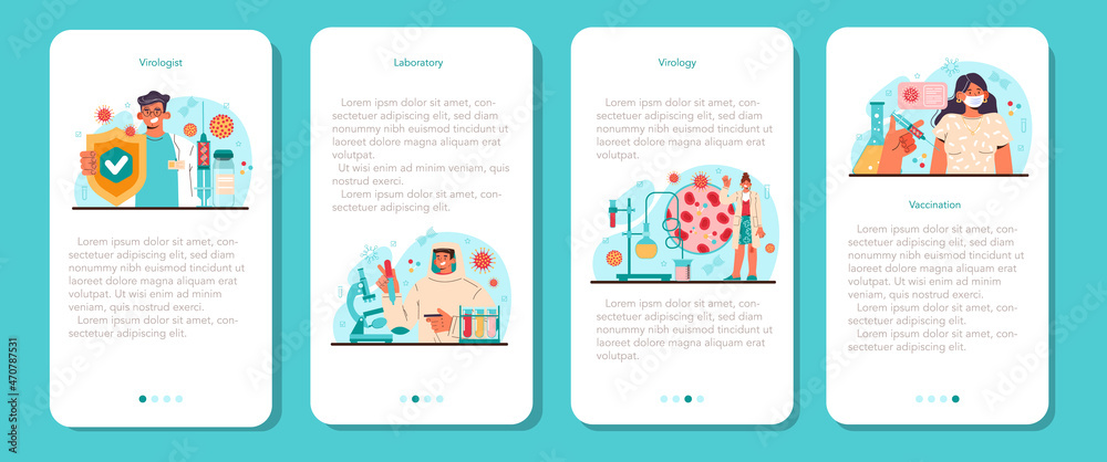 Virologist mobile application banner set. Scientist studies viruses and bacteria Virologist mobile application banner set. Scientist studies viruses and bacteria