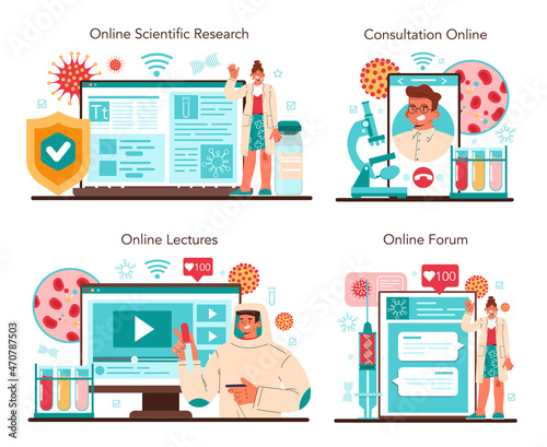 Virologist online service or platform set. Scientist studies viruses