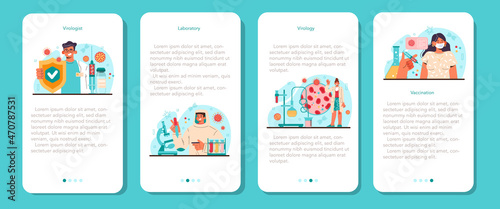 Virologist mobile application banner set. Scientist studies viruses and bacteria