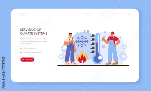Car service web banner or landing page. Mechanic in uniform check a climate