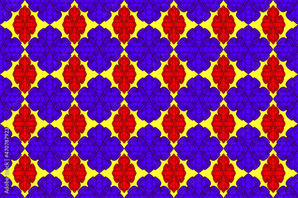 Seamless geometric ethnic fabric pattern, blue and red floral pattern, curtain design, seamless fabric pattern, carpet, wallpaper, clothing, wrap, batik, fabric pattern