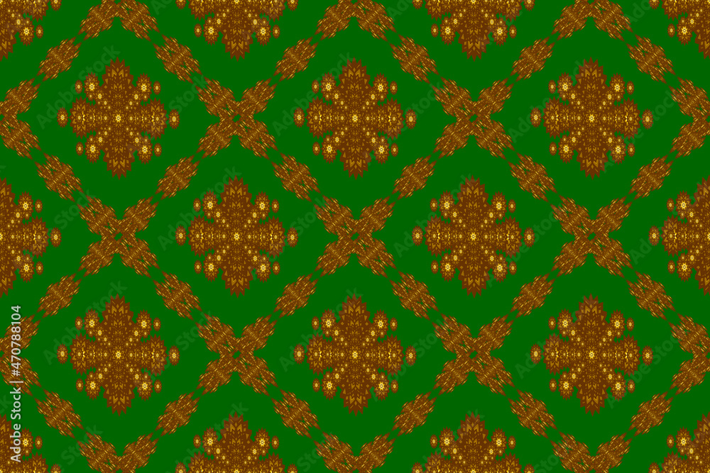 Seamless geometric ethnic fabric pattern, golden flower pattern, Thai fabric pattern design, carpet, wallpaper, curtain, cushion, clothing, wrap, batik, green background fabric pattern Seamless geometric ethnic fabric pattern, golden flower pattern, Thai fabric pattern design, carpet, wallpaper, curtain, cushion, clothing, wrap, batik, green background fabric pattern