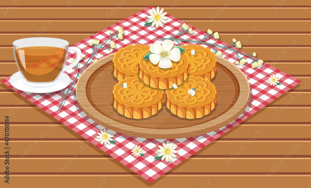 Pile of mooncakes with teacup set on wooden table Pile of mooncakes with teacup set on wooden table