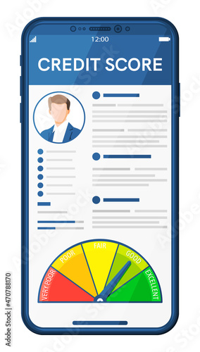 Smartphone with Credit Score App on Screen. Credit Score Indicator and Gauge in Report. Bank Rating Measurement Level. Debt Banking Tool. Round Shape with Arrow. Flat Vector Illustration