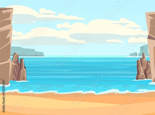 Sea beach. Summer seascape. Far away is the ocean horizon. Surf coastline waves and cliffs. Calm weather. Flat style illustration. Vector.