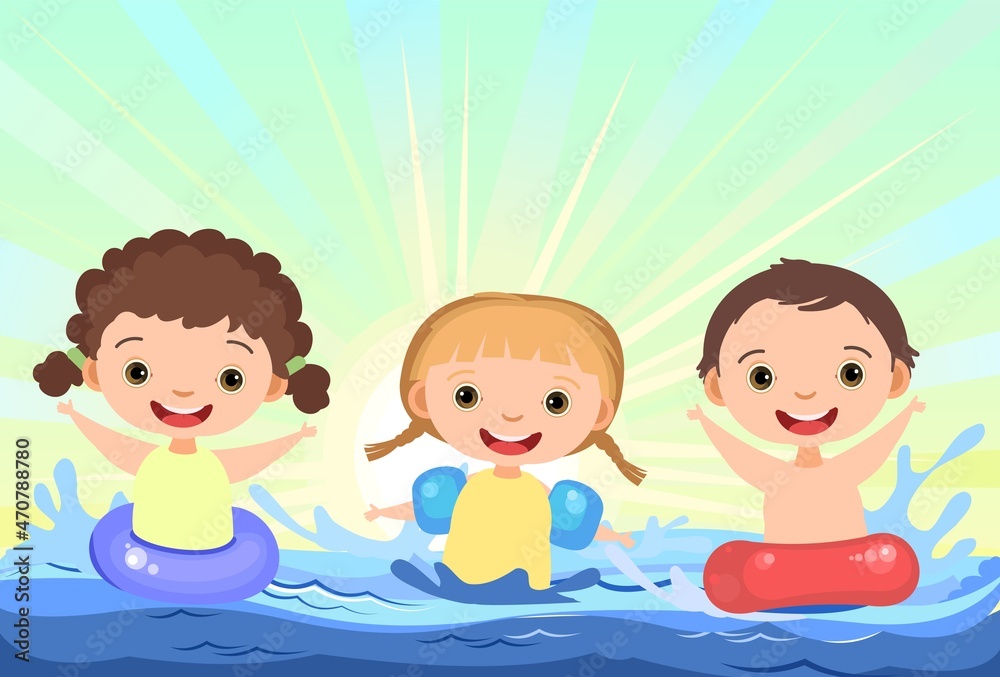 Children fun and splashing in water. Waves. Swimming, diving and water sports. Beach landscape. Illustration in cartoon style. Flat design. Vector art Children fun and splashing in water. Waves. Swimming, diving and water sports. Beach landscape. Illustration in cartoon style. Flat design. Vector art