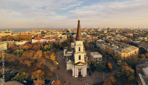  Autumn panorama the center city with Orthodox Cathedral in Odessa, Ukraine. Drone footage.