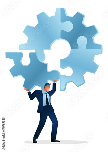 Business concept illustration of a businessman holding on his shoulder the final peace of puzzle which forming a gear, business, complete, completion, solution concept