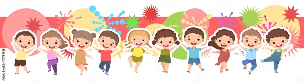 Children dance joy. Happy childhood. Little boys and girls. Horizontal composition. Kid is jumping for joy at the party. Nice kid. Cartoon style. Isolated on white background. Vector Children dance joy. Happy childhood. Little boys and girls. Horizontal composition. Kid is jumping for joy at the party. Nice kid. Cartoon style. Isolated on white background. Vector