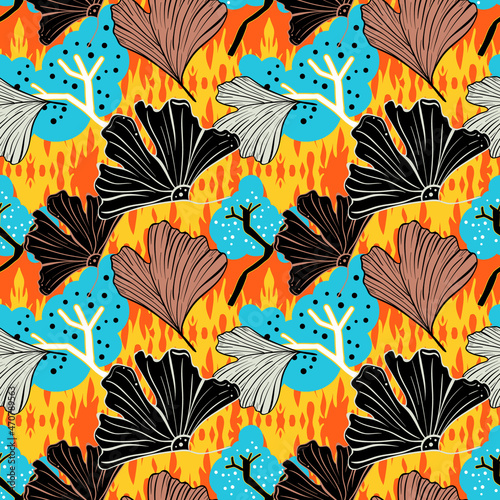 Ginkgo biloba seamless pattern. Asian style. Ayurvedic Medicine Theme. Vector Illustration for Wallpaper or Textile Design