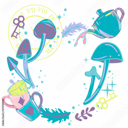 Alice in wonderland bright frame with mushrooms,kettle and mugs. Childish background