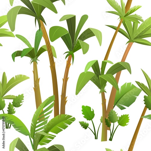 Cute tropical background with jungle leaves. Thickets with palms in cartoon style. Seamless jungle pattern. Isolated on white background. Landscape with rainforest vector.