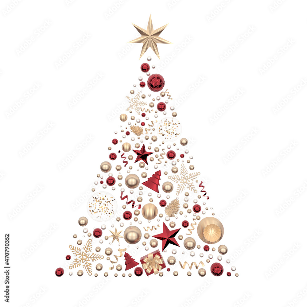3d render illustration. Christmas tree made of toys, gifts and stars. Isolated on white background