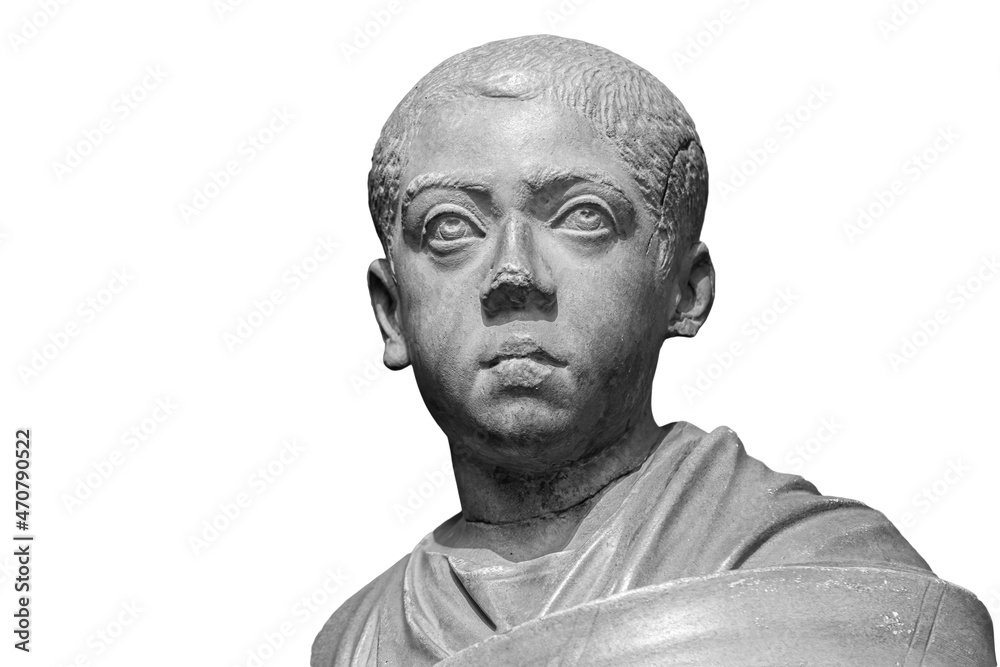 Obraz premium Boy in toga. Head of roman boy statue. Ancient sculpture isolated on white background. Classic antiquity young man man portrait