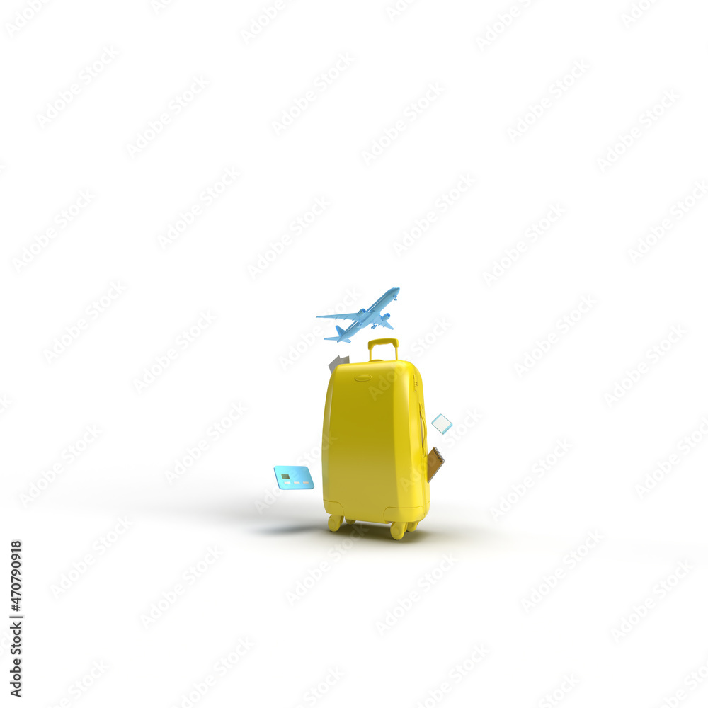 3d render Yellow suitcase with a credit card and a phone. An airplane takes off in the background. Tourism, travel, adventure 3d render Yellow suitcase with a credit card and a phone. An airplane takes off in the background. Tourism, travel, adventure