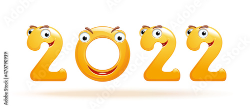 2022 New Year symbol. Amusing hilarious anthropomorphic numbers 2022. Number written in yellow funny cartoon letters for new year design. Vector illustration