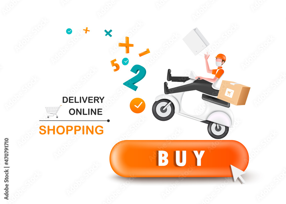 Delivery driver carrying and showing shopping bags. the number of orders floating in front and all on buy icon for delivery and online shoipping concept,vector 3d isolated on white background Delivery driver carrying and showing shopping bags. the number of orders floating in front and all on buy icon for delivery and online shoipping concept,vector 3d isolated on white background