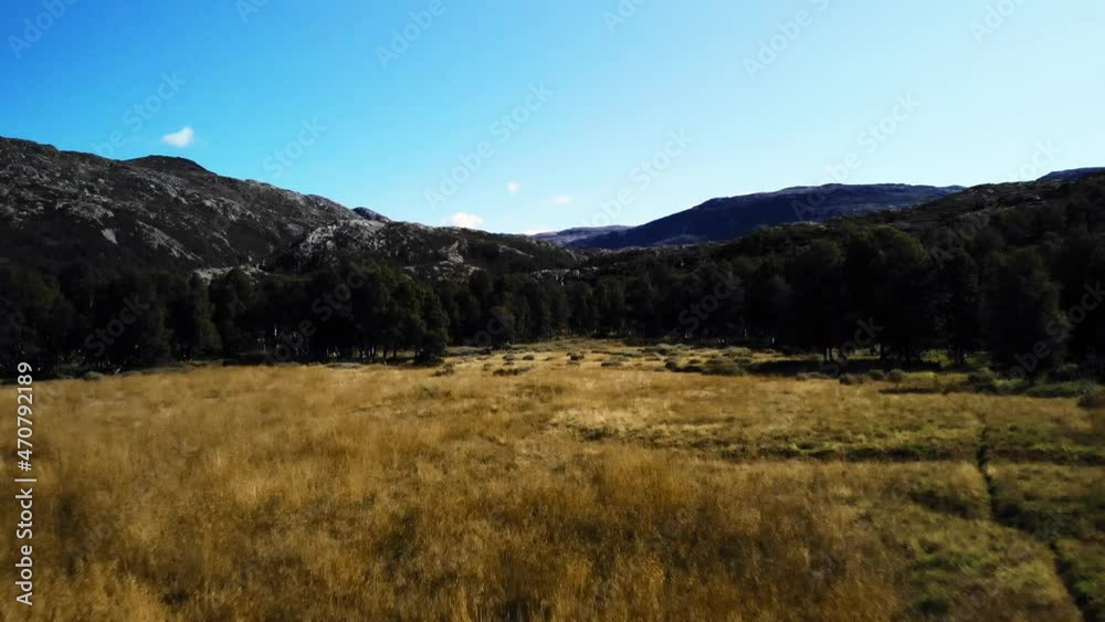 Low flying droneshot of mountains, fields and trees in norway