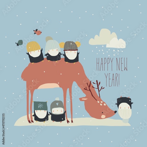 Cartoon Funny Penguins celebrating Holiday with Cute Deer