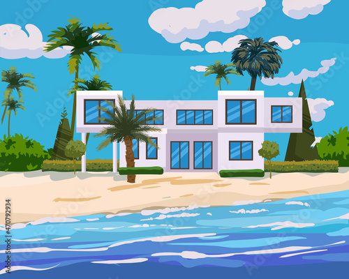 Villa on tropical exotic island coast. Modern luxury cottage, ocean, beach, palms and plants, summertime landscape seachore. Vector illustration