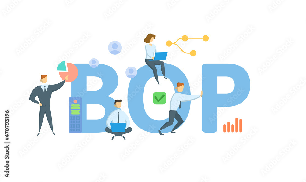 BOP, Balance of Payments. Concept with keyword, people and icons. Flat vector illustration. Isolated on white.